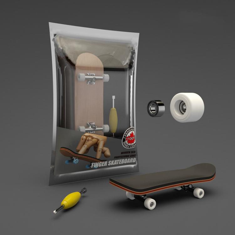 Finger skateboard toy with white wheels and wooden deck, shown in retail box