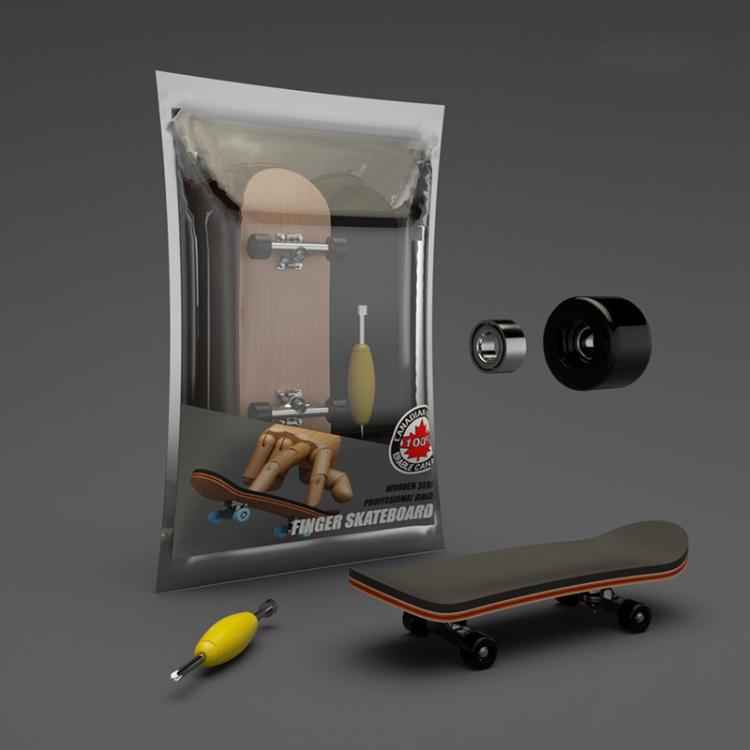 Finger skateboard toy with black wheels and wooden deck, shown in retail box