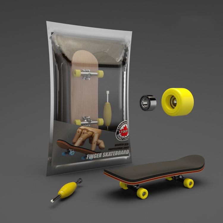 Finger skateboard toy with yellow wheels and wooden deck, shown in retail box