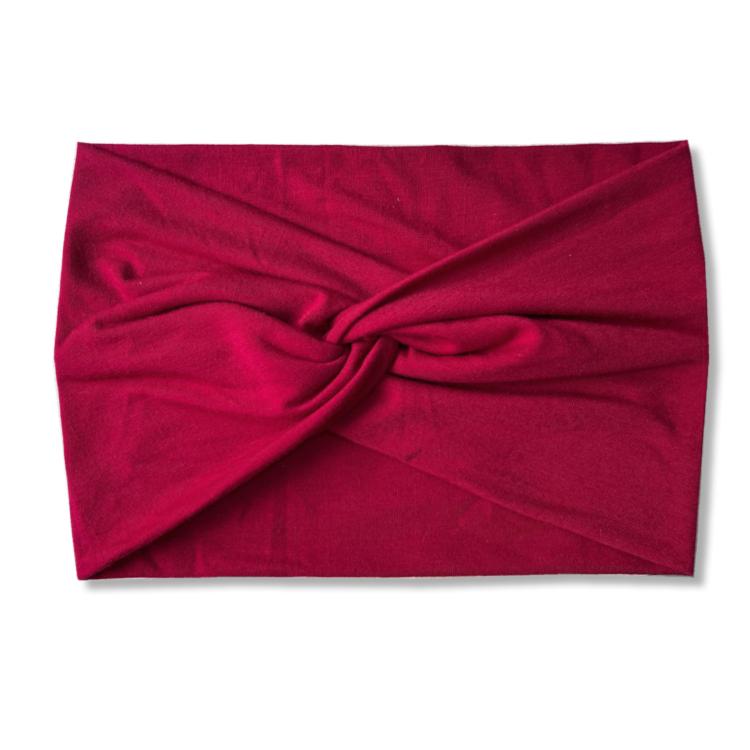 Claret red wide elastic cross headband with twisted front knot for yoga and running