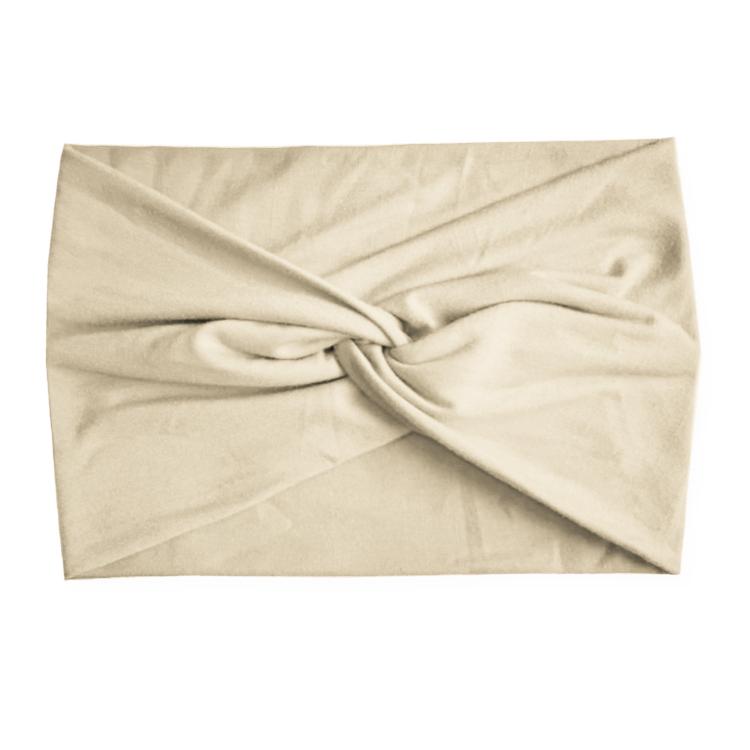 Beige wide elastic cross headband with twisted front knot for yoga and running