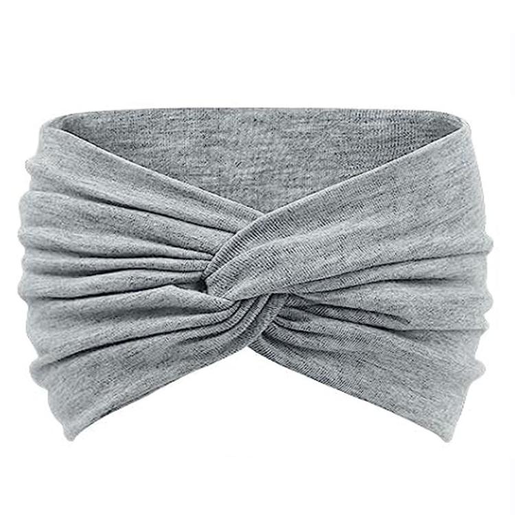 Light heather gray wide elastic cross headband with twisted front knot