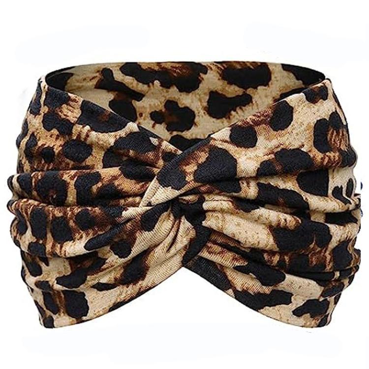 Leopard print wide elastic cross headband with twisted front knot