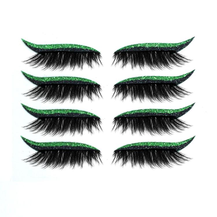 Green glitter false eyelashes with black lash bands; four pairs with curved eyeliner strips