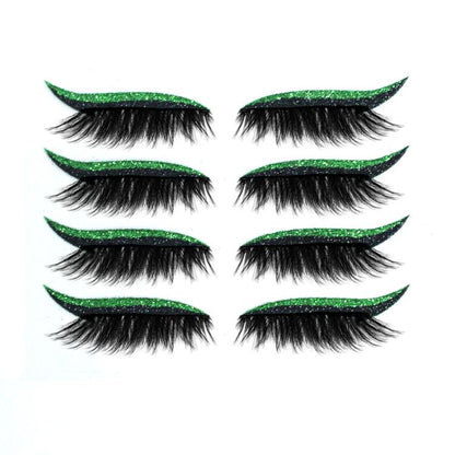 Green glitter false eyelashes with black lash bands; four pairs with curved eyeliner strips