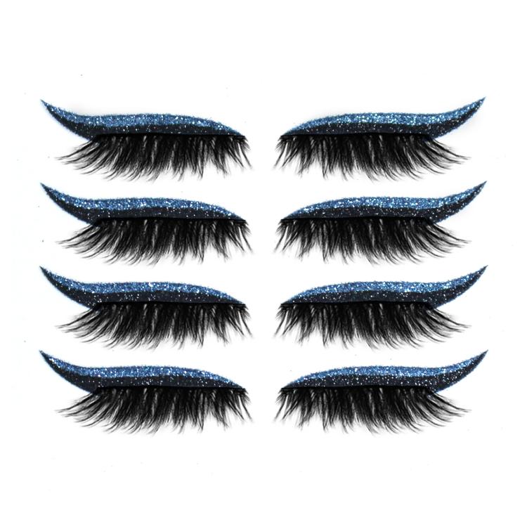 Blue glitter false eyelashes with black lash bands; four pairs with curved eyeliner strips