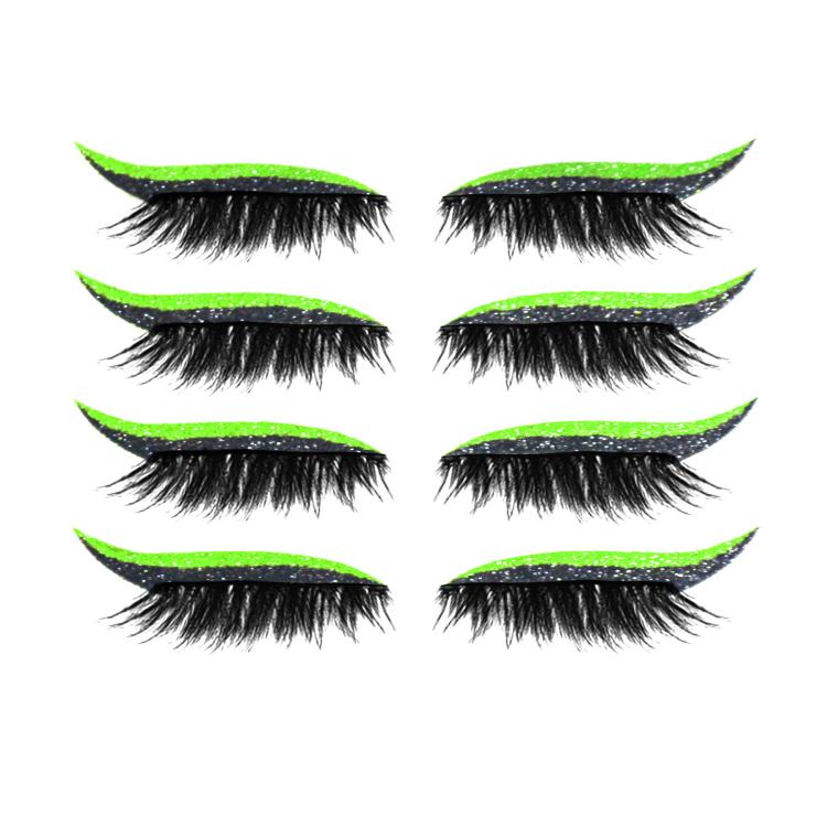 Neon green glitter false eyelashes with black lash bands; four pairs with curved eyeliner strips