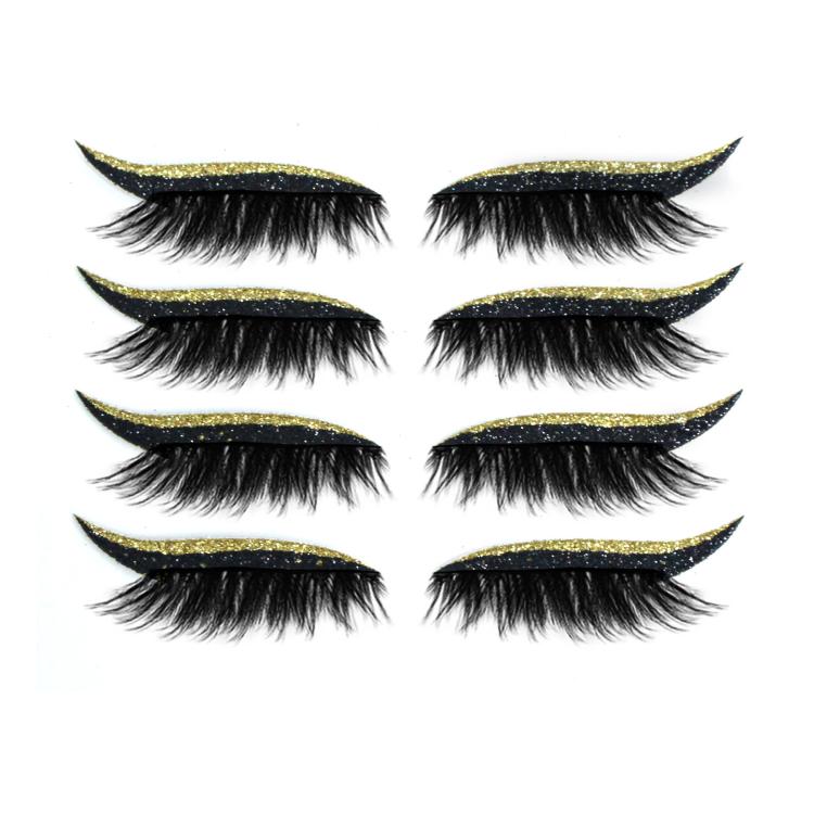 Gold glitter false eyelashes with black lash bands; four pairs with curved eyeliner strips