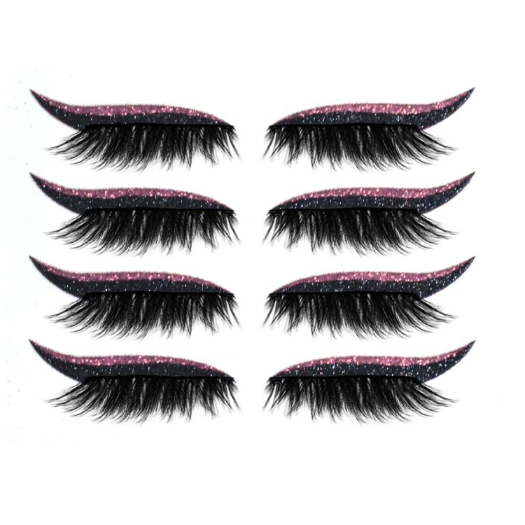 Pink glitter false eyelashes with black lash bands; four pairs with curved eyeliner strips