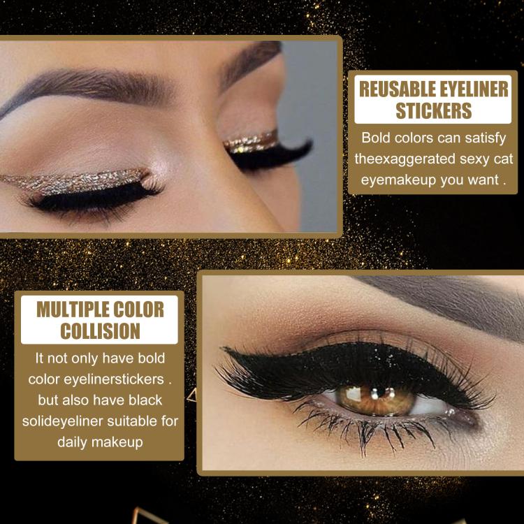 Glitter eyeliner sticker with false lashes applied to an eye for makeup look