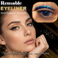 Reusable false eyelash stickers with blue winged eyeliner on a closed eye