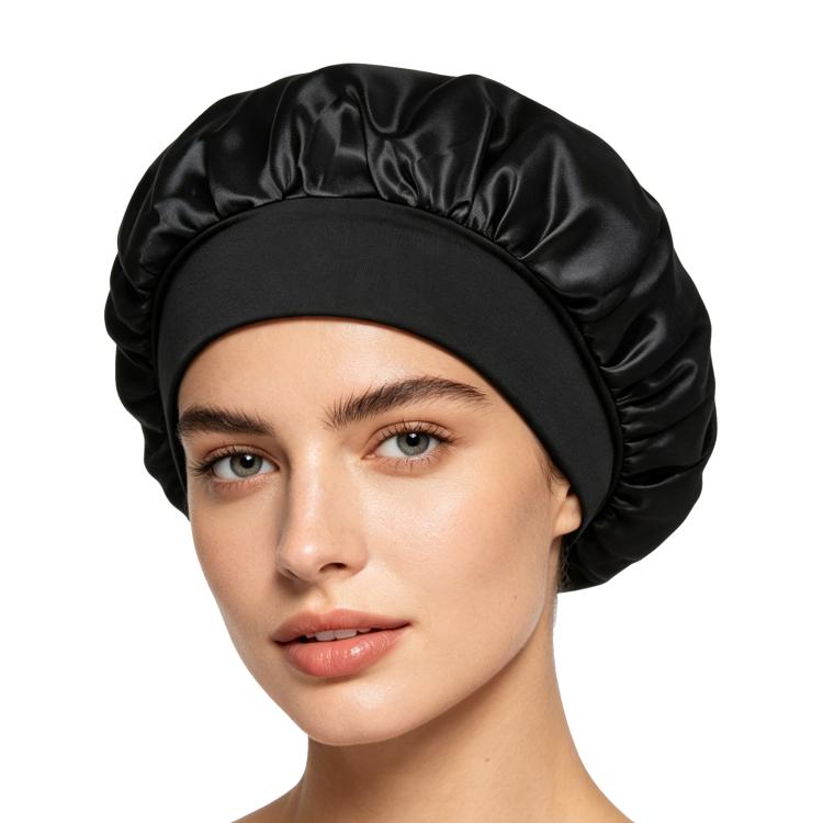 Adjustable satin shower cap in black, gathered wide brim sleep bonnet style