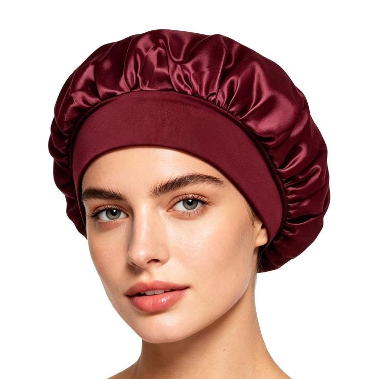 Adjustable satin shower cap in dark red, gathered wide brim sleep bonnet style