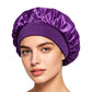 Adjustable satin shower cap in purple, gathered wide brim sleep bonnet style