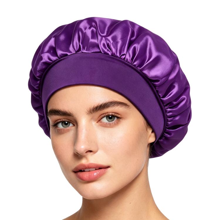 Adjustable satin shower cap in purple, gathered wide brim sleep bonnet style