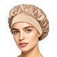 Adjustable satin shower cap in beige, gathered wide brim sleep bonnet style
