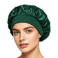 Adjustable satin shower cap in dark green, gathered wide brim sleep bonnet style
