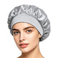 Adjustable satin shower cap in silver gray, gathered wide brim sleep bonnet style