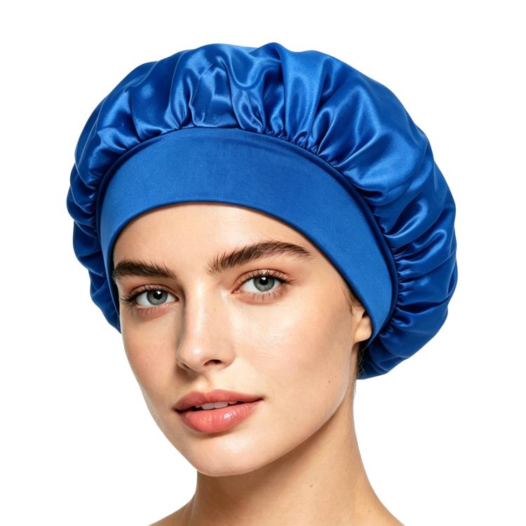 Adjustable satin shower cap in bright blue, gathered wide brim sleep bonnet style