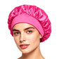 Pink satin shower cap with gathered crown and wide brim, women’s hair protection