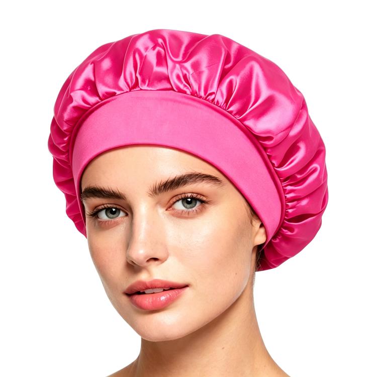 Pink satin shower cap with gathered crown and wide brim, women’s hair protection