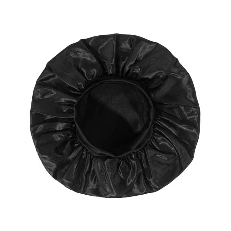 Black satin shower cap with circular elastic crown and ruched outer edge