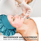 Teal satin shower cap with gathered brim for comfortable hair coverage