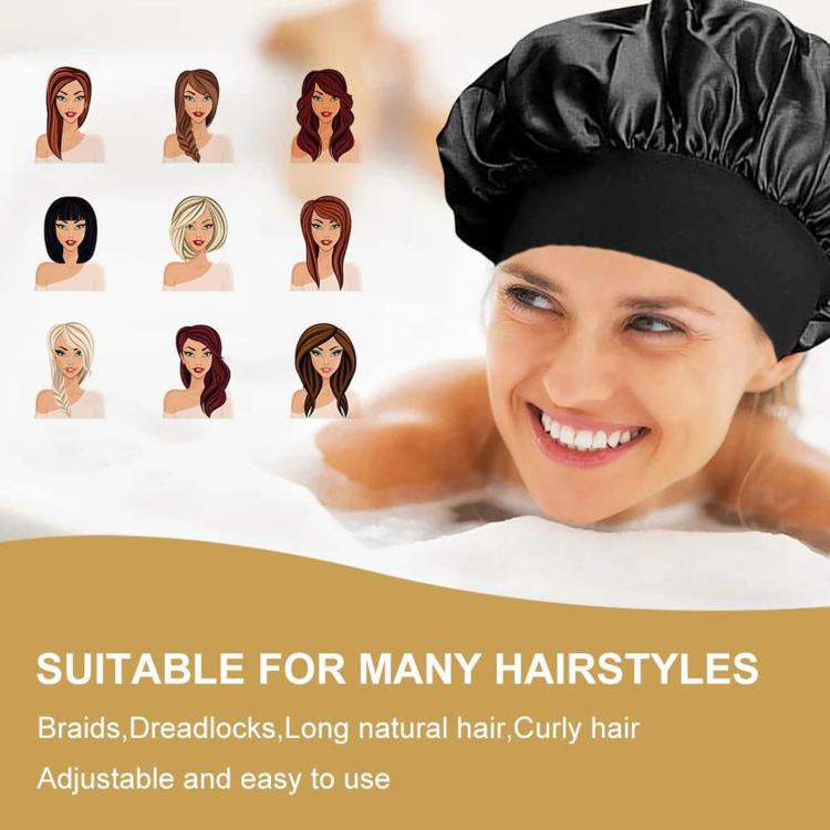Black satin shower cap with wide brim and ruched side, adjustable fit