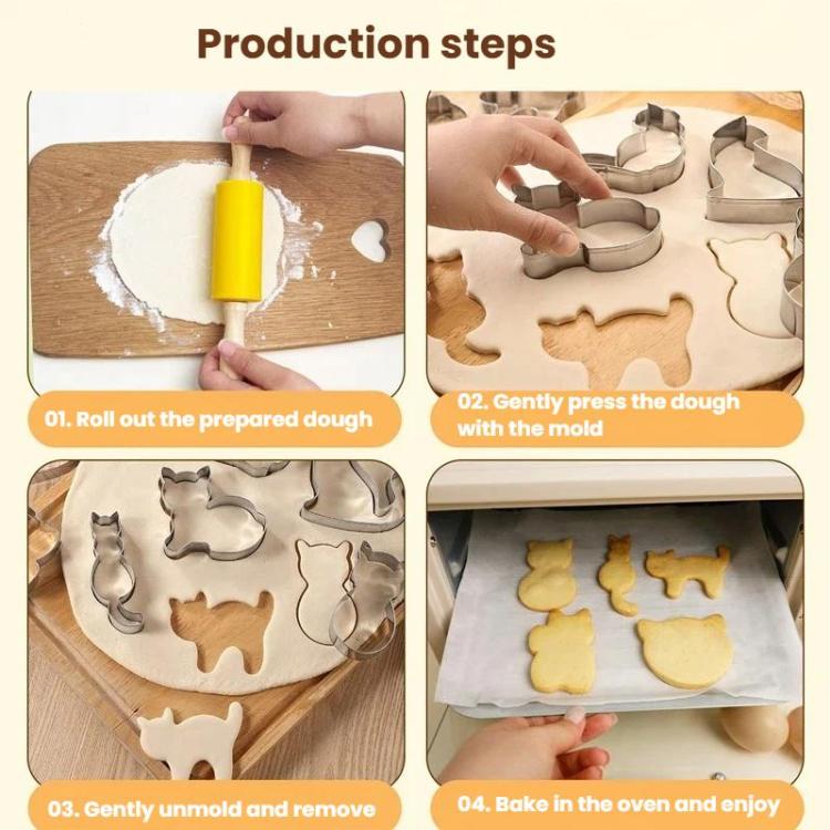 Stainless steel cat cookie mold set shown with dough being rolled and cut into shapes