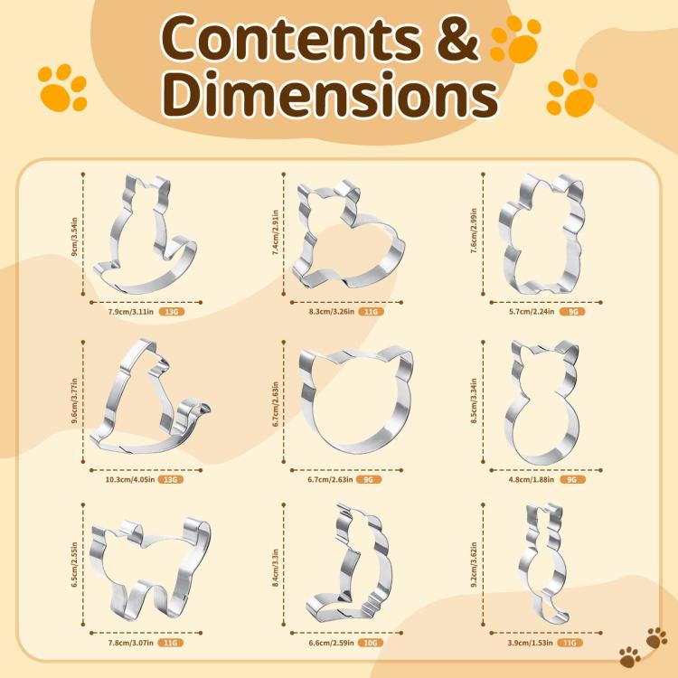 Contents and sizes graphic showing stainless steel cat cookie mold cutters