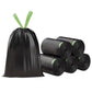 Black drawstring trash bags with green leaf accents; rolls stacked together