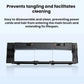 Robot vacuum main brush cover, black frame with rectangular openings and release tabs
