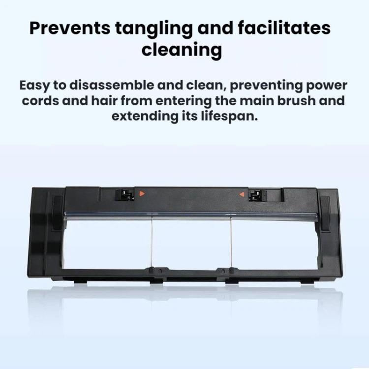 Robot vacuum main brush cover, black frame with rectangular openings and release tabs