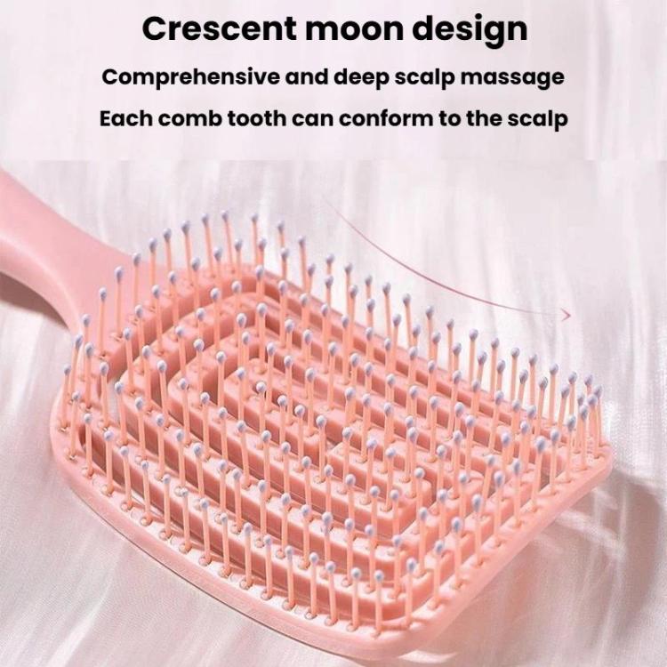 Pink crescent-shaped hair massage comb with tightly spaced flexible teeth