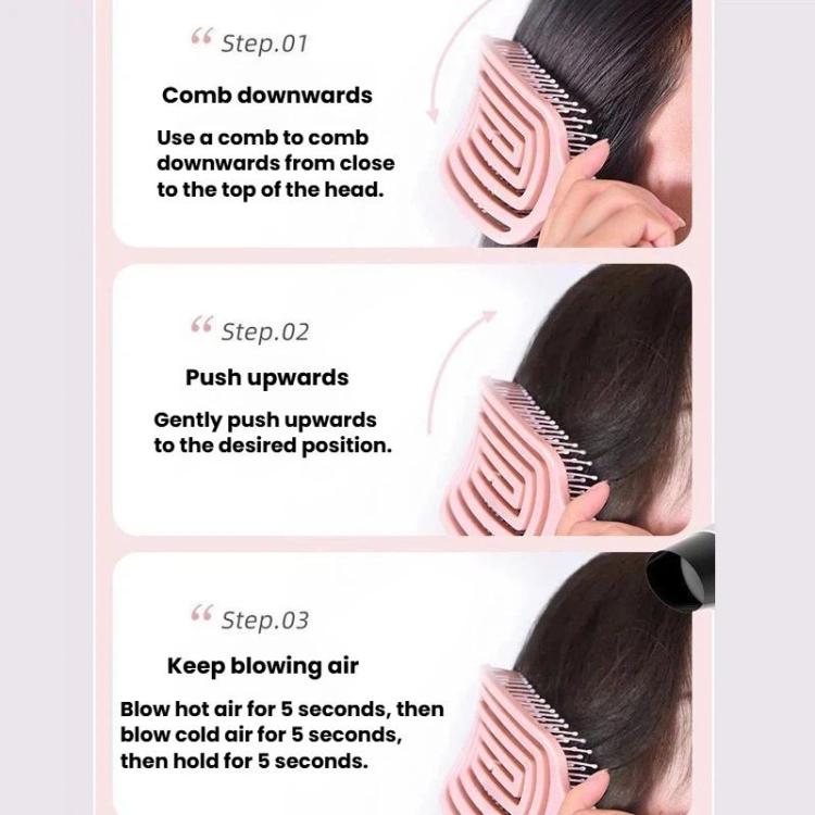Pink hair massage comb showing step-by-step downward and upward brushing