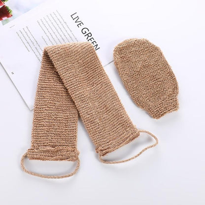 Jute brown back scrubber mitts with looped wrist straps