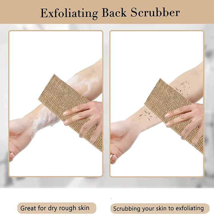 Jute brown back exfoliating scrubber in hand for gentle scrubbing