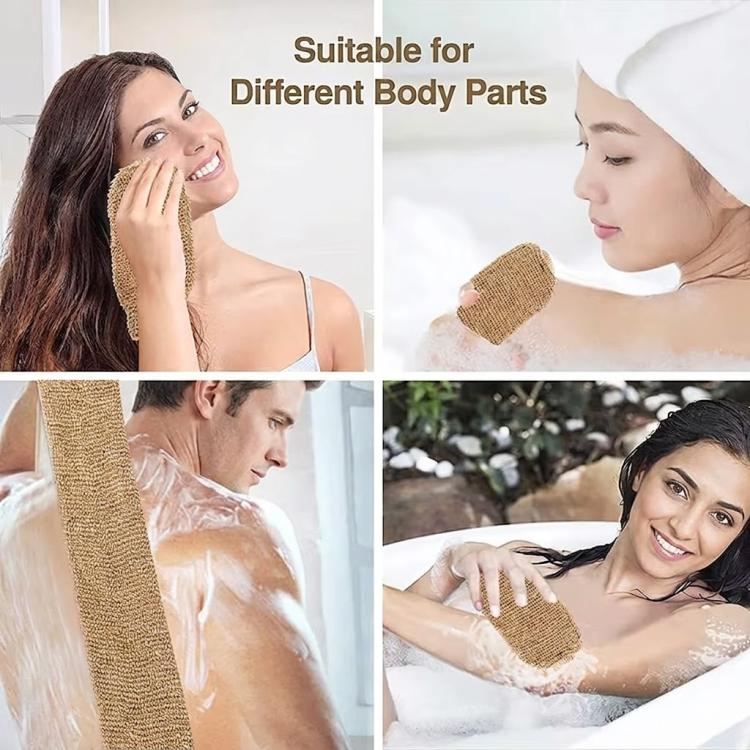 Jute brown bath scrubber mitt used on different body areas