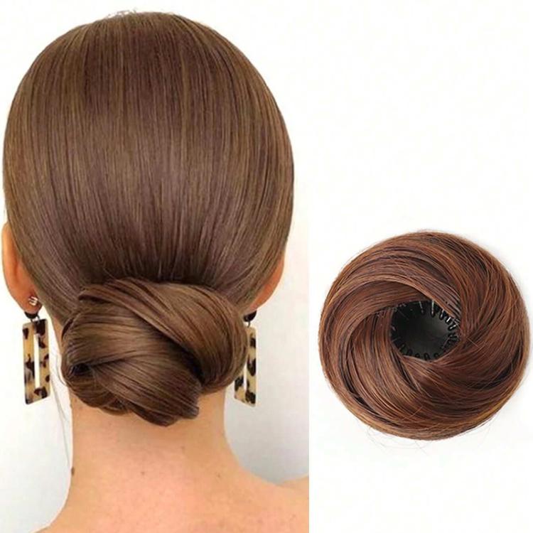 Messy bun hair claw clip extension, medium brown synthetic chignon bun with clip
