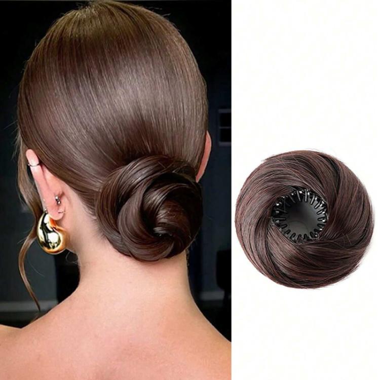 Messy bun hair claw clip extension, dark brown synthetic chignon bun hair piece