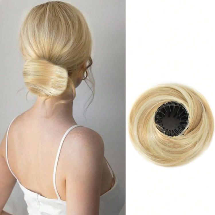 Messy bun hair claw clip extension, light blonde synthetic chignon bun with clip