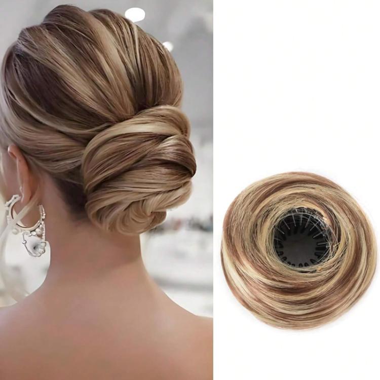 Messy bun hair claw clip extension, taupe brown synthetic chignon bun hair piece
