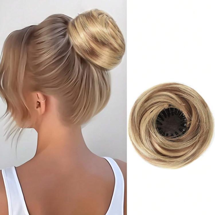 Messy bun hair claw clip extension, sandy blonde synthetic chignon bun hair piece