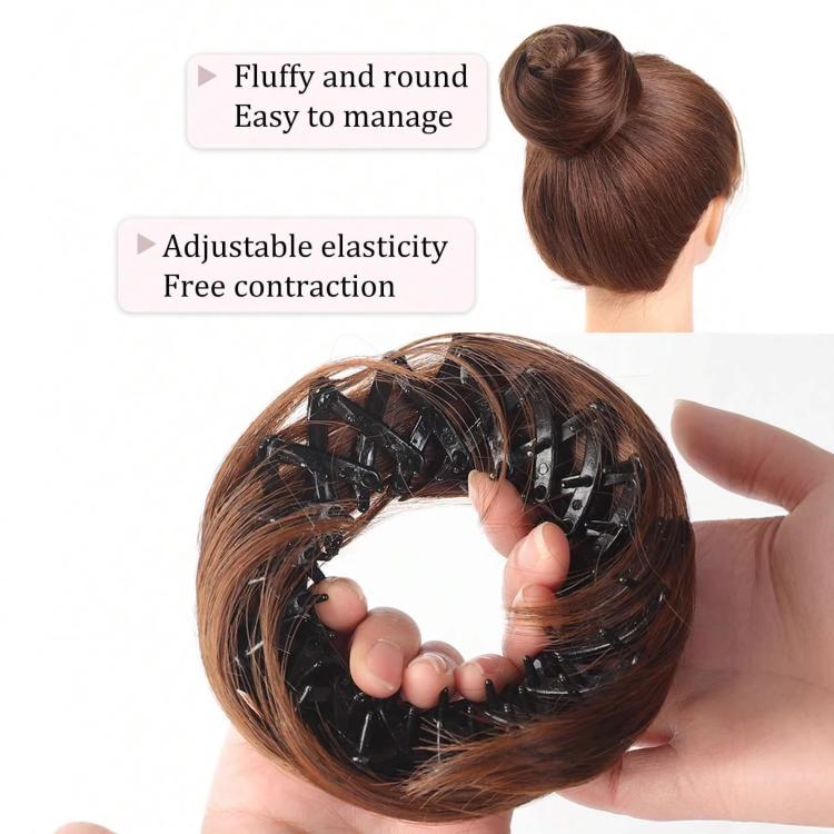 Medium-brown synthetic messy bun hairpiece with large claw clip and open ring base