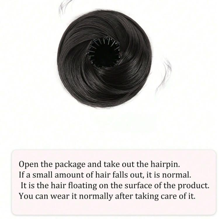 Black synthetic messy bun hairpiece, rounded loop with fine strands and center opening