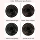 Dark synthetic hair bun piece shown in multiple near-black shades for color comparison