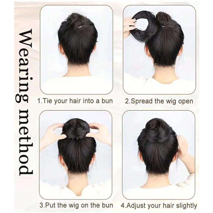 Dark synthetic messy bun hairpiece clipped on a model for updo styling steps