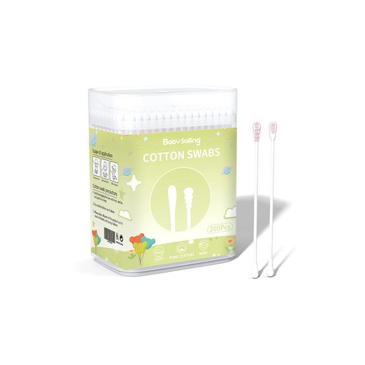 Baby cotton swabs in clear plastic pack with dual-ended tips, 200 count