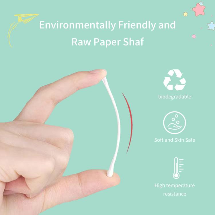 Single cotton swab with soft white cotton tip and paper stick held in hand