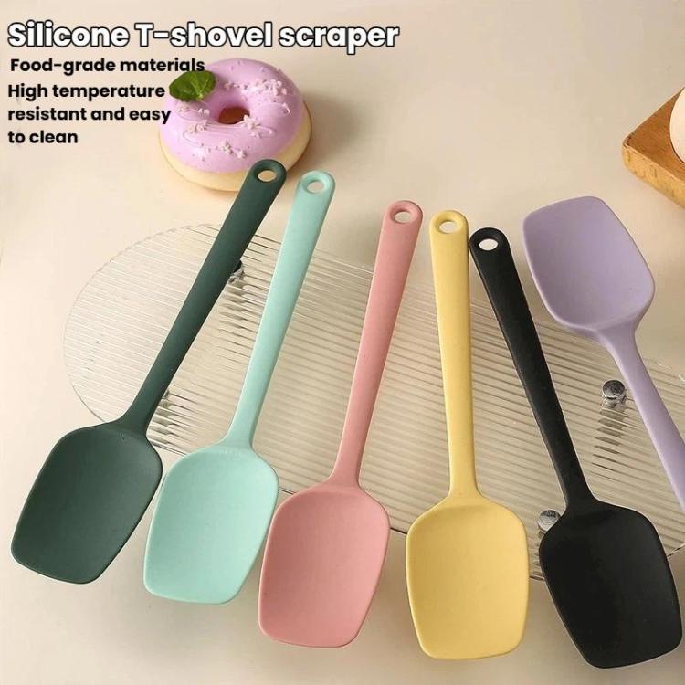 Silicone T-shaped spatula set in dark green, mint, pink, purple, yellow, and black